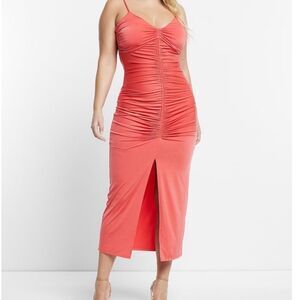 EXPRESS | NEW Coral Body Contour Ruched & Slit Midi Dress Women’s Size Large